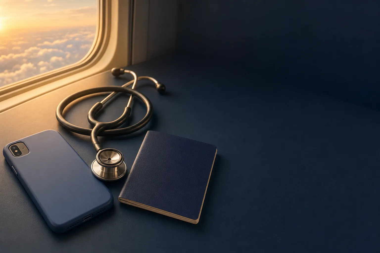 A stethoscope beside a face-down phone and a plain navy passport-sized booklet on a dark desk
