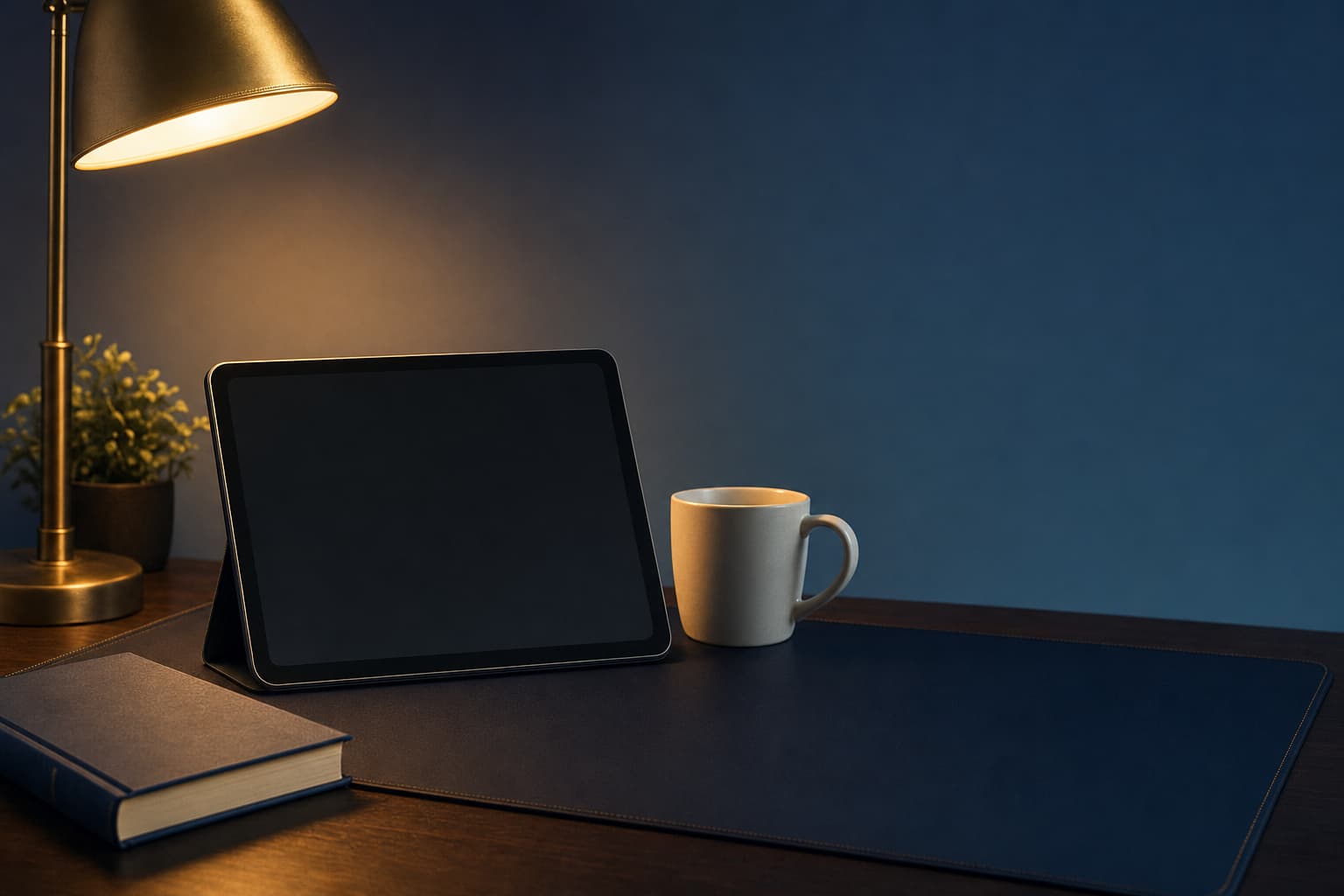 A tablet with a dark screen propped on a navy desk mat beside a closed hardback and a white mug in lamp light