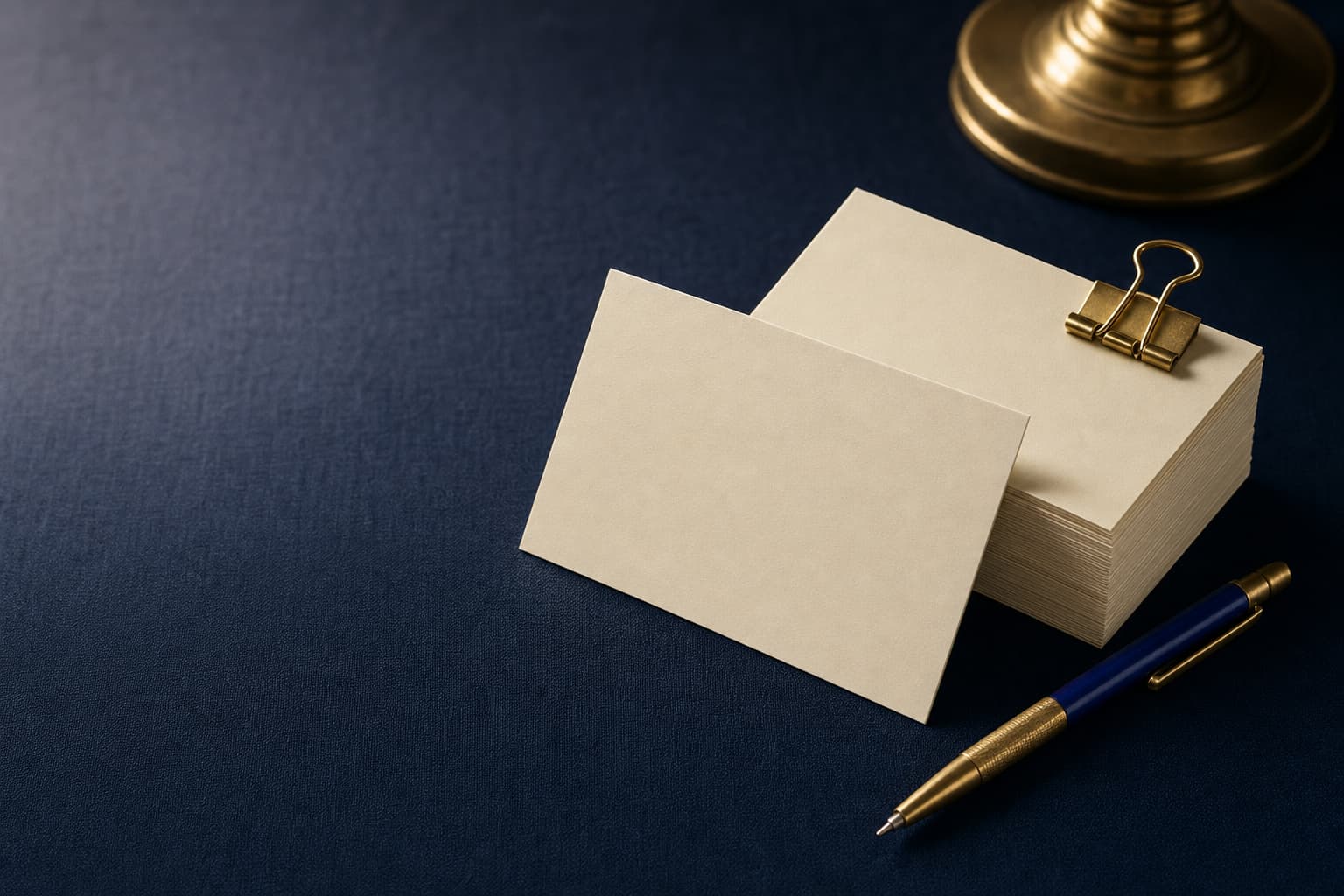A stack of blank cream index cards held by a gold binder clip on navy linen, one card leaning against the stack, a navy and brass pen alongside