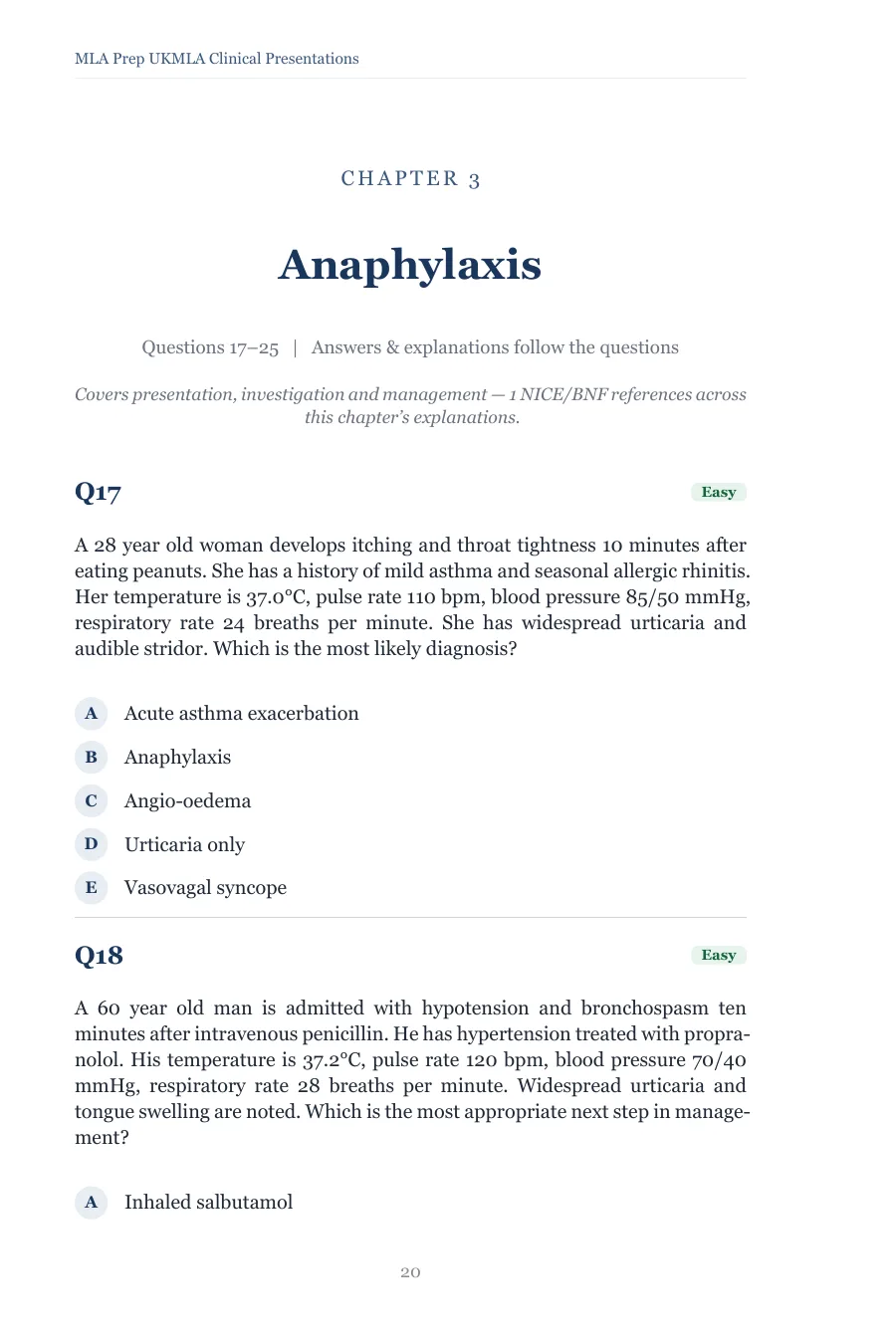 Chapter 3, Anaphylaxis: two SBAs, one on a young woman with throat tightness after eating peanuts and one on a child after intravenous adrenaline