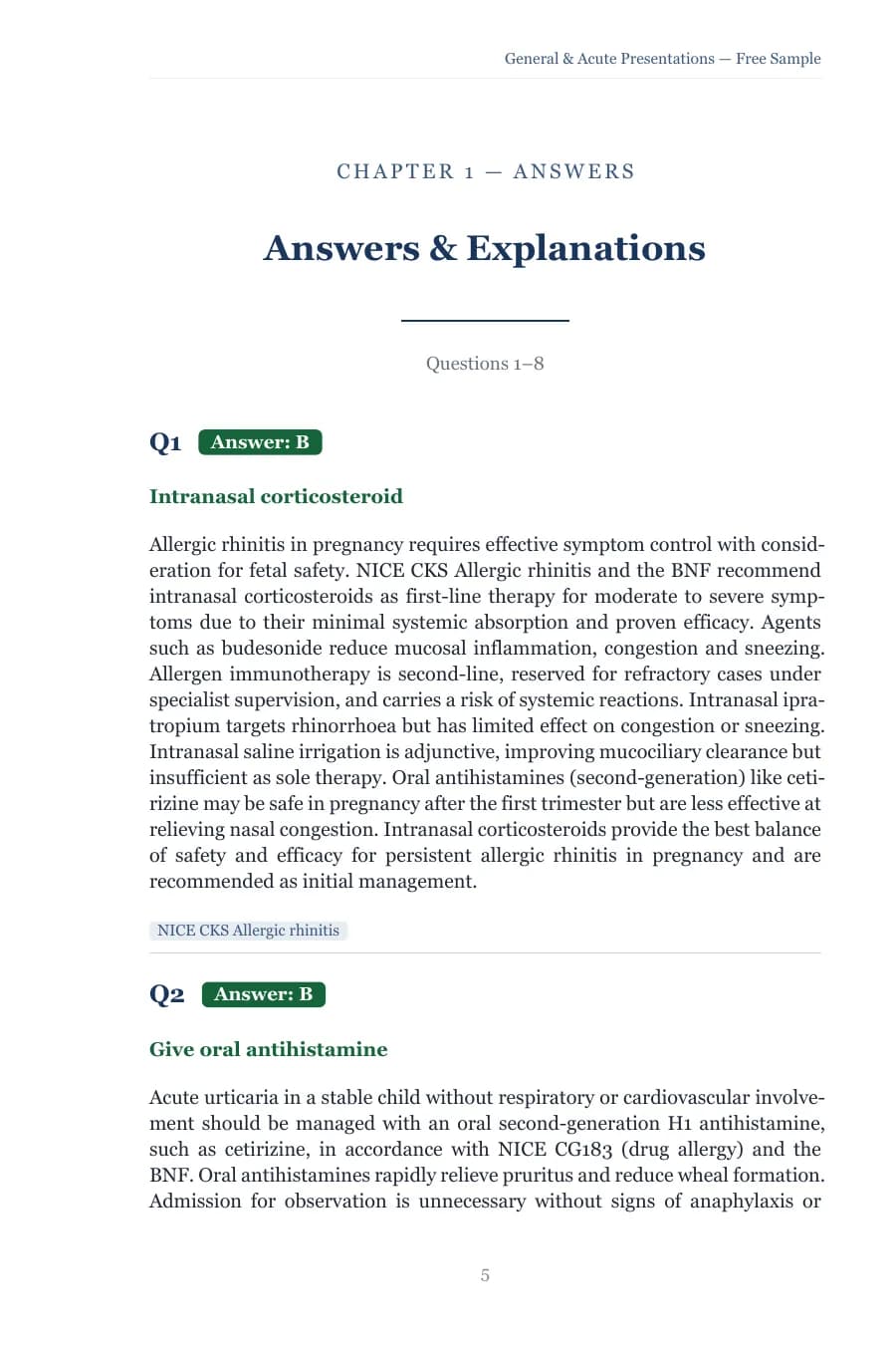 Answers and Explanations for the allergic reaction chapter, referencing NICE CKS on allergic rhinitis