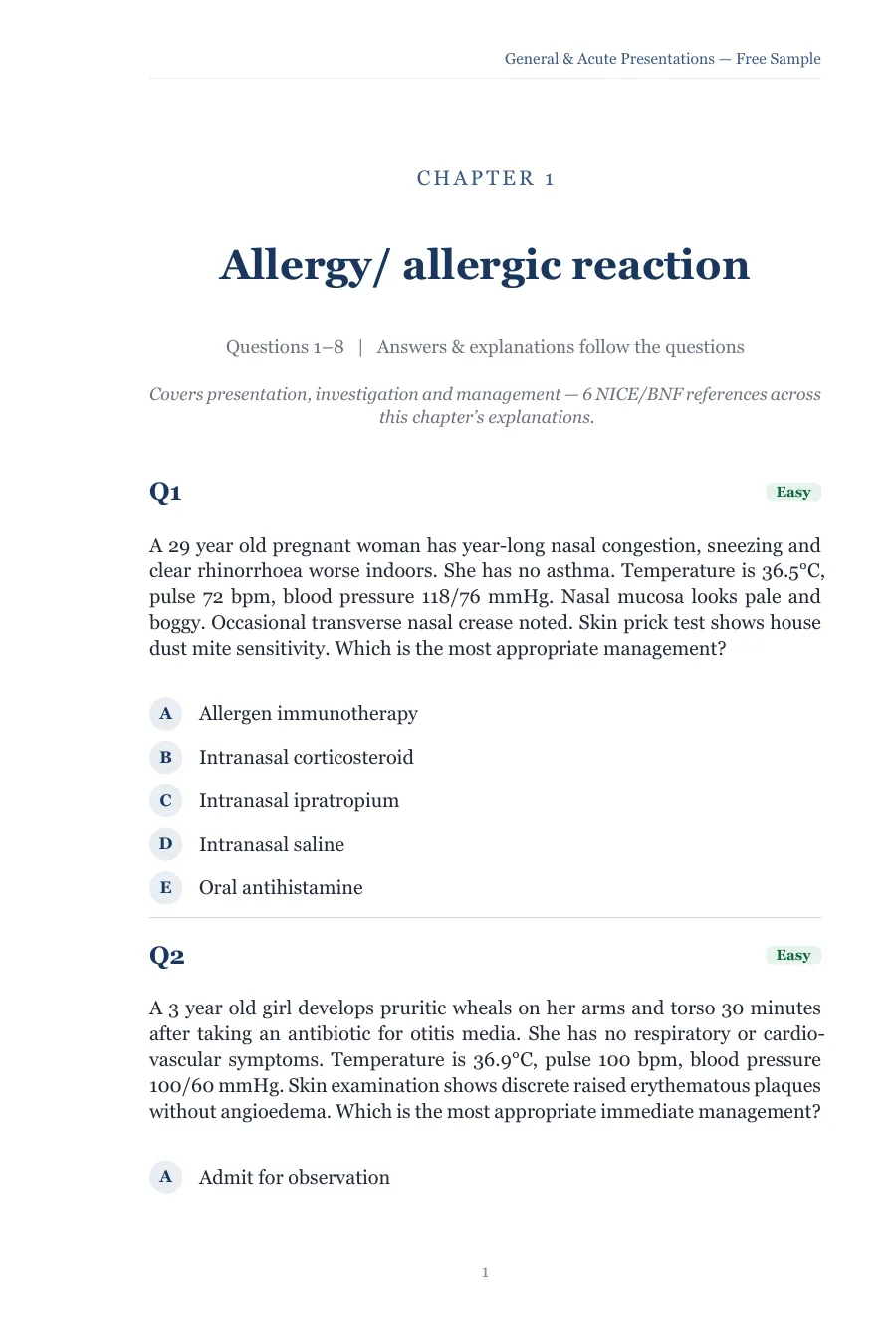 Clinical Presentations Question Bank chapter on allergic reaction, with the first two symptom-led SBAs