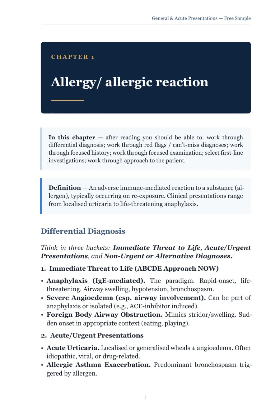 Clinical Presentations Study Guide chapter on allergic reaction with objectives, a definition and the differential diagnosis sorted into three groups