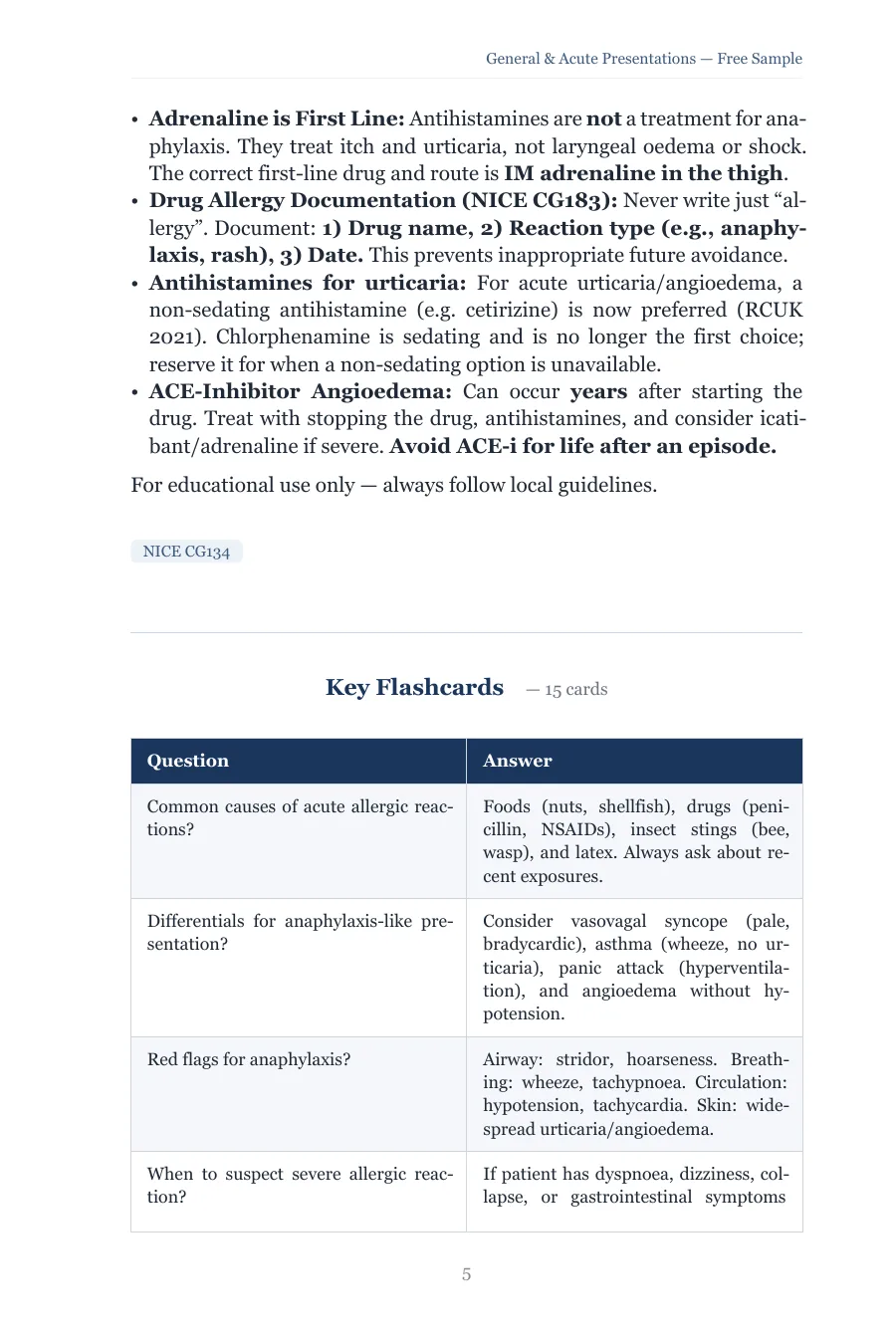 High-yield notes on drug allergy documentation followed by the start of the Key Flashcards table