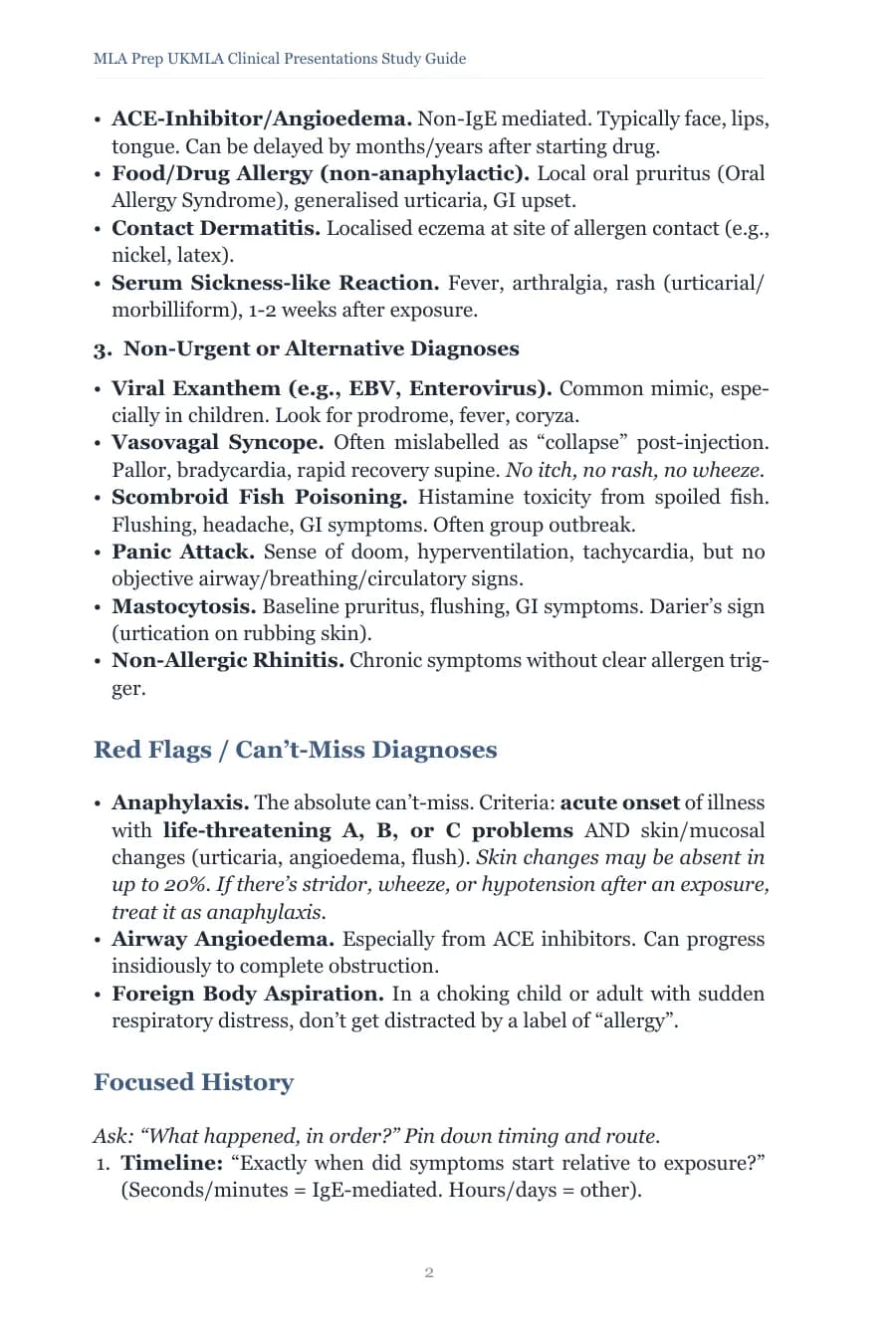 Red Flags and Can't-Miss Diagnoses list followed by the focused history questions for an allergic reaction