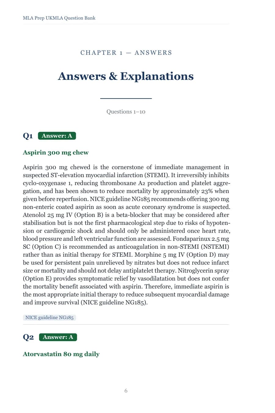 Answers and Explanations page: question 1, answer A, aspirin 300 mg chewed, with a worked explanation referencing NICE guideline NG185