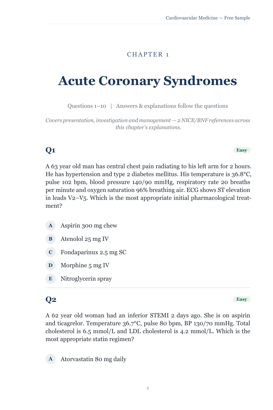 Chapter 1, Acute Coronary Syndromes: the first two UKMLA SBA questions, each with five options and an Easy difficulty tag