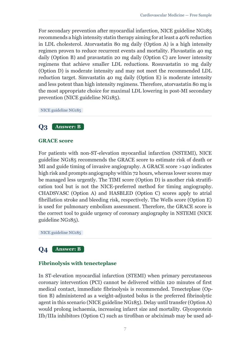 Two worked SBA explanations, on the GRACE score and on fibrinolysis with tenecteplase, each ending in a NICE reference tag