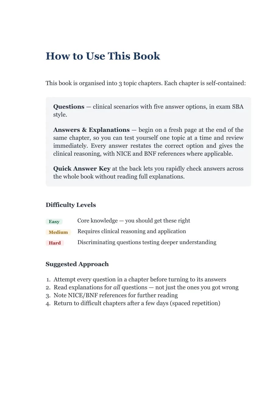 How to Use This Book page explaining the chapter structure, the three difficulty levels and a suggested approach
