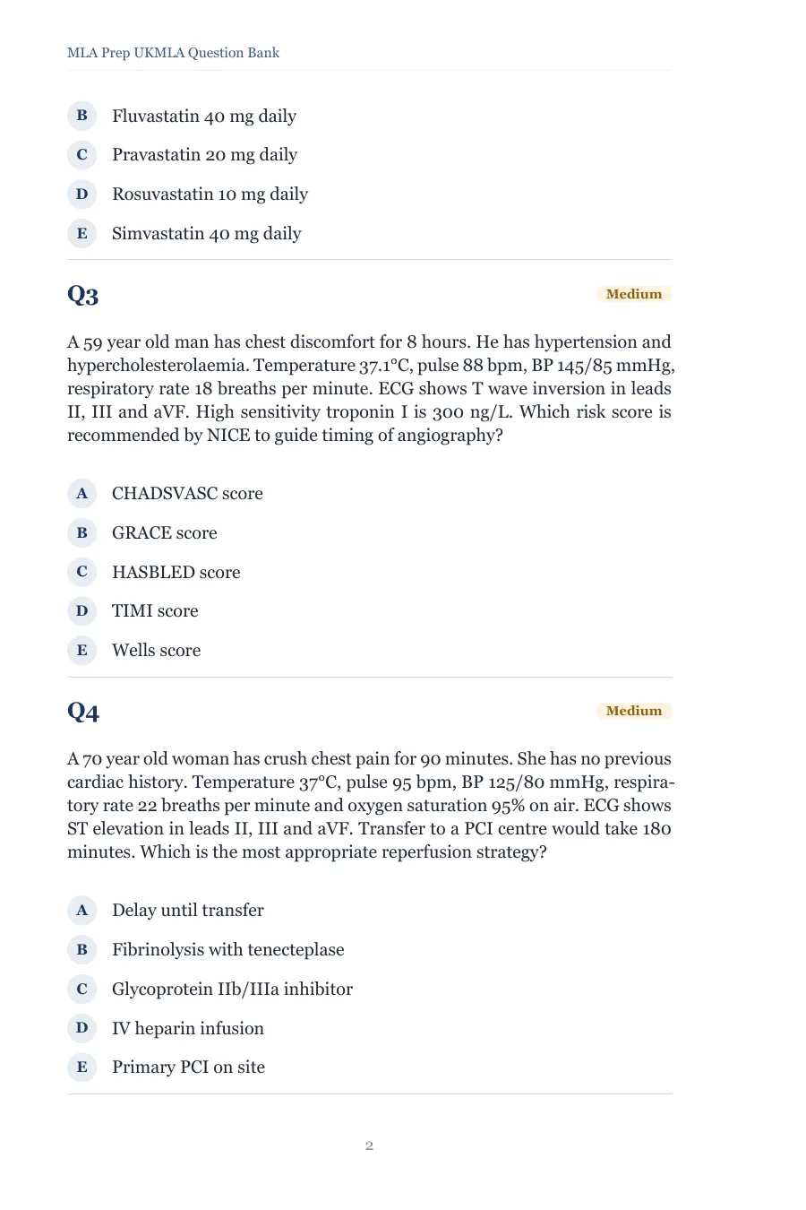 Question page from the UKMLA Question Bank showing two cardiology SBAs tagged Medium