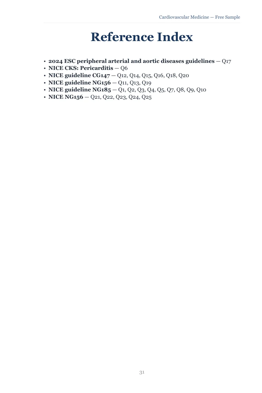 Reference Index listing NICE guidelines, CKS topics and ESC guidance against the question numbers that cite them
