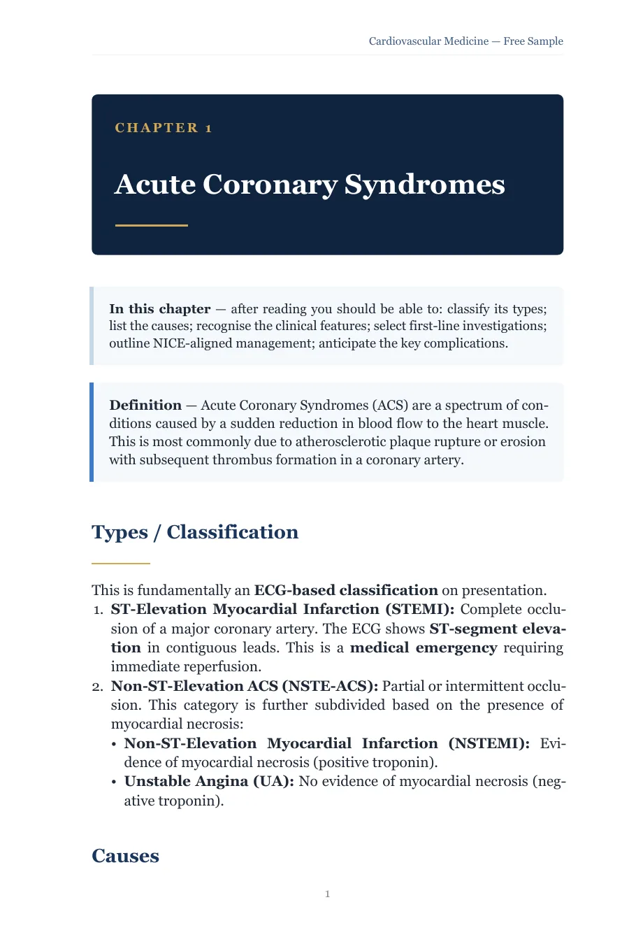 UKMLA Study Guide chapter opener for Acute Coronary Syndromes with an objectives box, a definition and the ECG-based classification