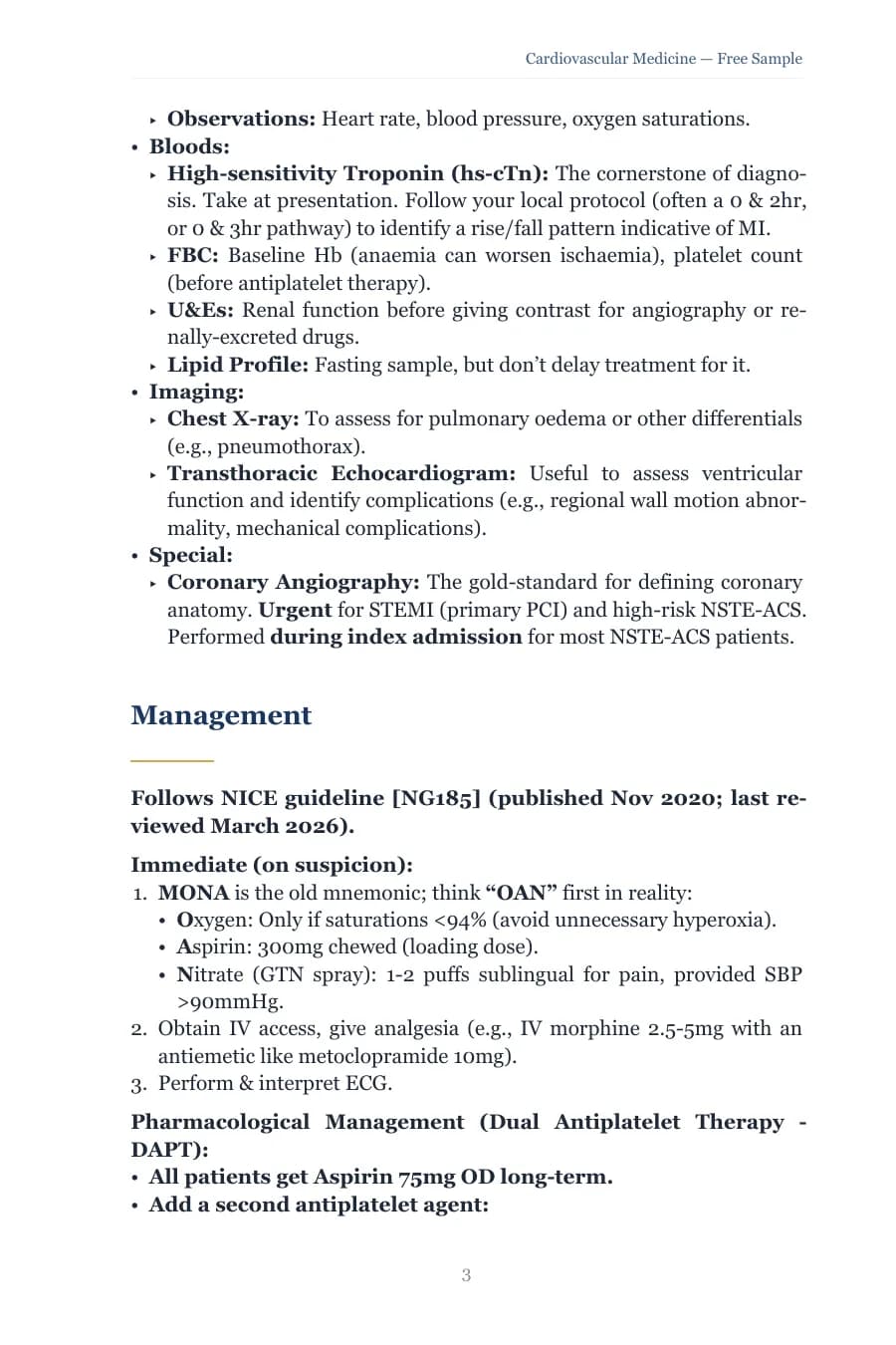 Management section following NICE guideline NG185, with immediate and pharmacological steps for acute coronary syndromes