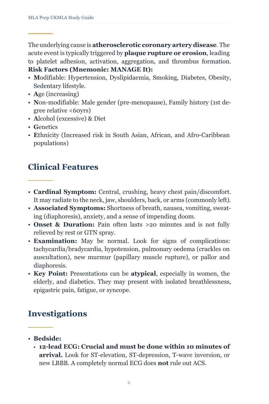 Study Guide notes page covering risk factors, clinical features and bedside investigations for acute coronary syndromes