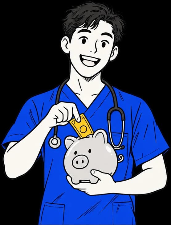 Illustration of a junior doctor dropping a banknote into a piggy bank