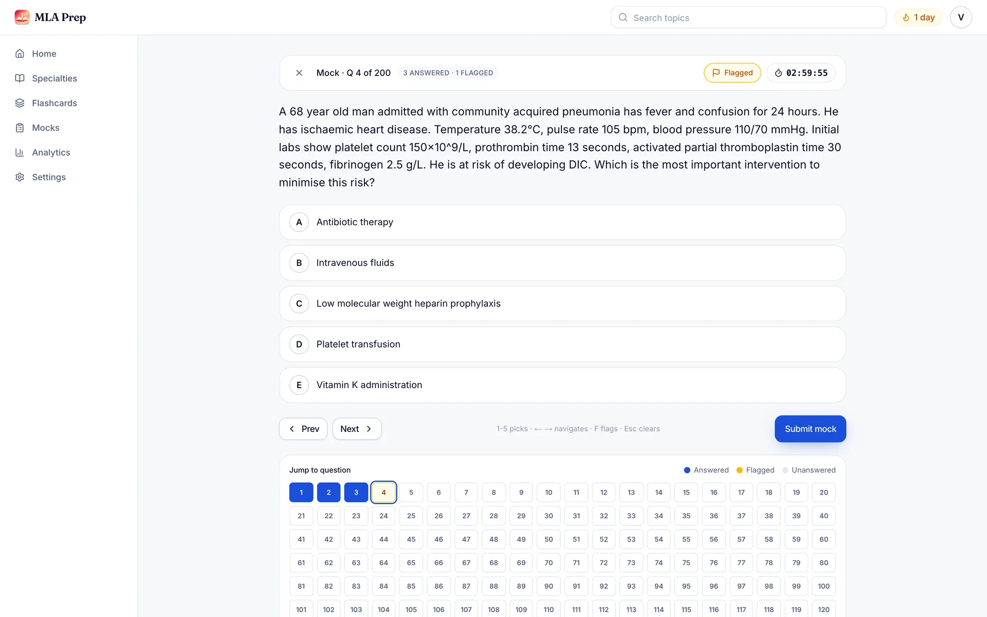 A 200-question mock in progress in MLA Prep: the question navigator with answered and flagged questions, and the current question with its options.
